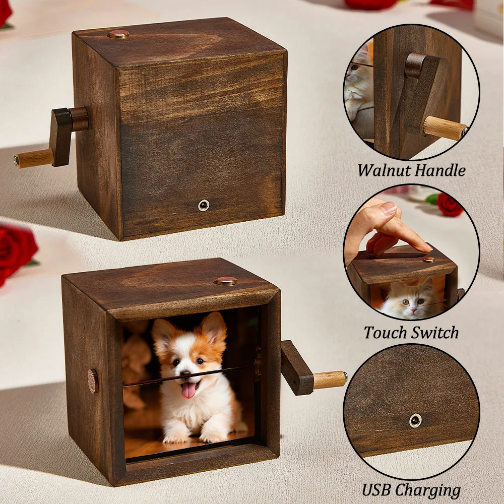 Custom Flip Book Dog Frame Animation Machine Mechanical Hand-cranked Photo Album with Light Black Walnut Baby Photo Cube Frame Creative Gift - CustWitAU