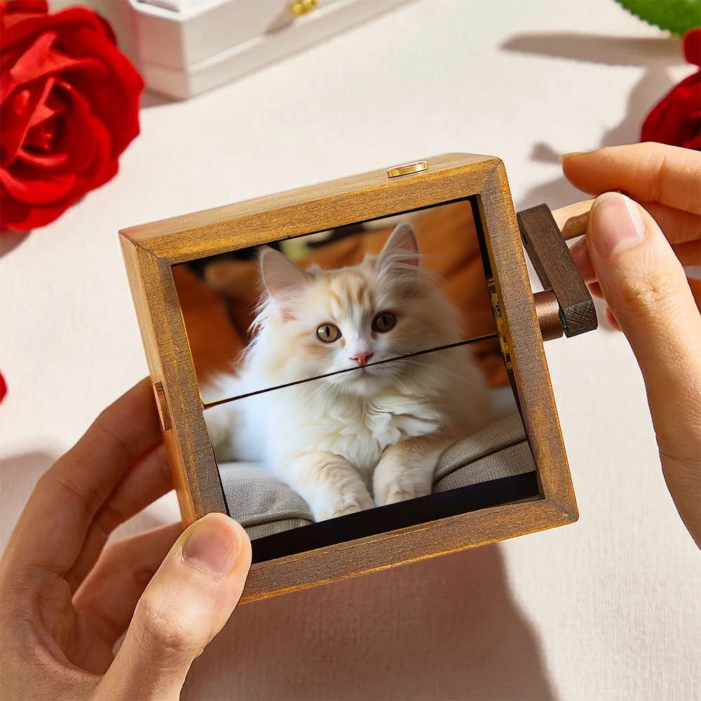 Custom Flip Book Cat Frame Animation Machine Mechanical Hand-cranked Photo Album with Light Black Walnut Baby Photo Cube Frame Creative Gift - CustWitAU