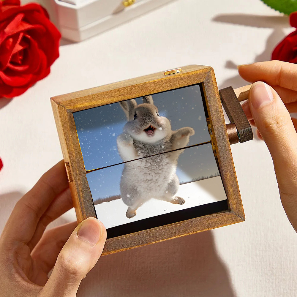 Custom Flip Book Rabbit Frame Animation Machine Mechanical Hand-cranked Photo Album with Light Black Walnut Baby Photo Cube Frame Creative Gift - CustWitAU