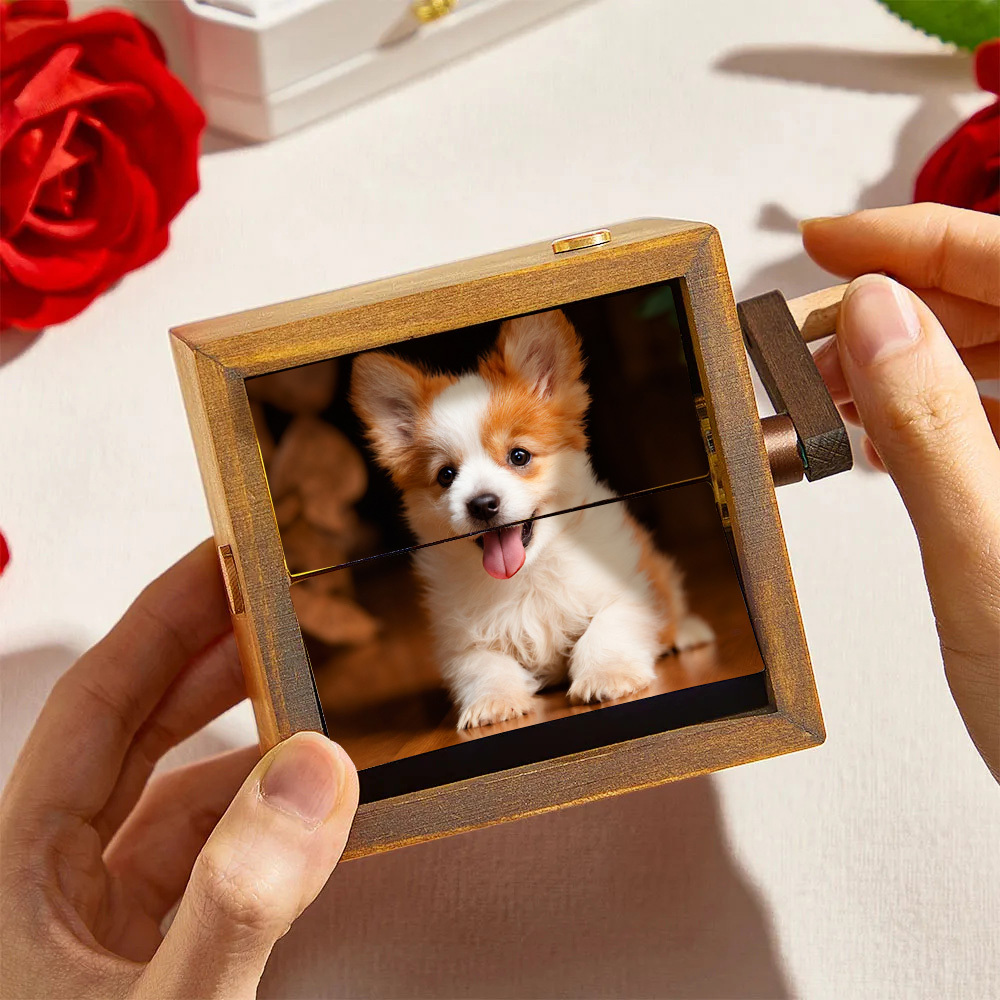 Custom Flip Book Dog Frame Animation Machine Mechanical Hand-cranked Photo Album with Light Black Walnut Baby Photo Cube Frame Creative Gift - CustWitAU