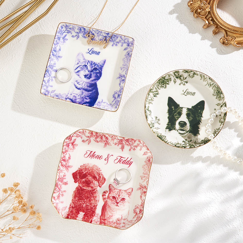 Custom Pet Portrait Jewelry Dish – Toile De Jouy Ceramic Trinket Dish, Personalized Gift for Pet Lovers