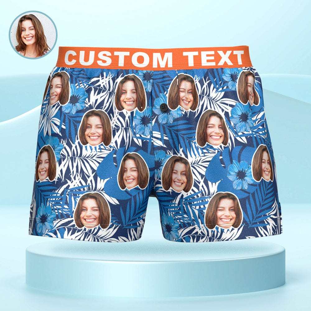 Custom Face Leaves and Flowers Print Boxer Shorts Personalized Waistband Casual Underwear for Him - CustWitAU