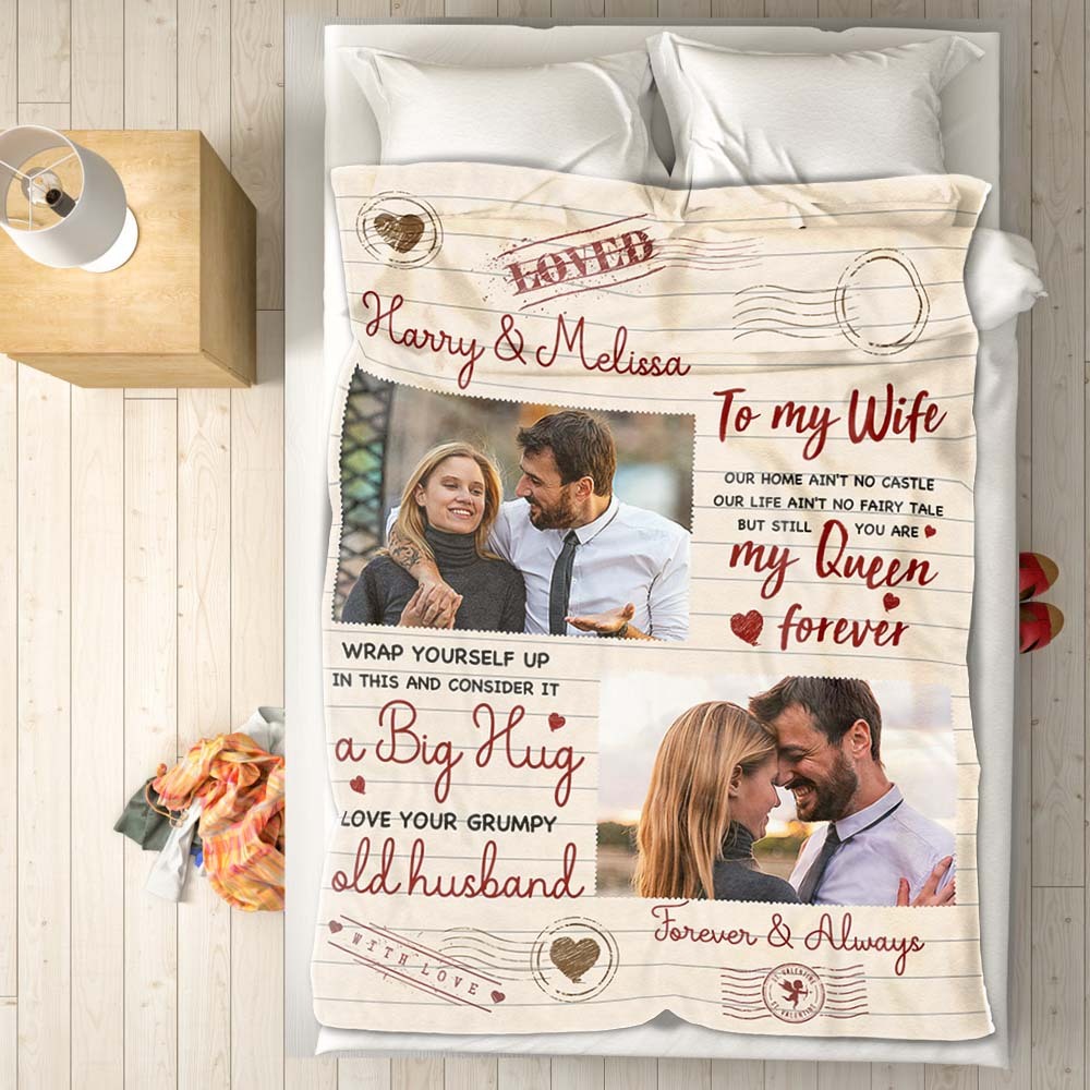 To My Wife Custom Photo and Name Blanket Valentine's Day Gift - CustWitAU