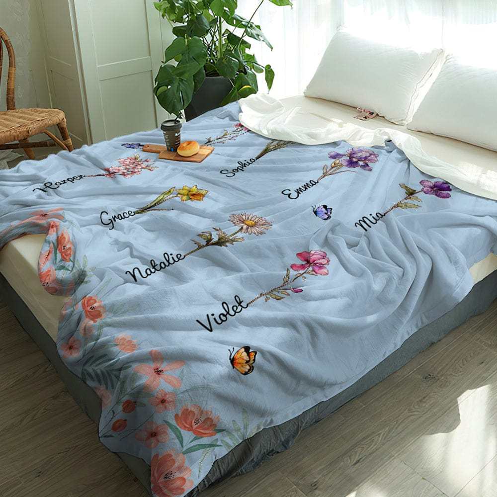 Personalized Grandma Mommy Garden Blanket Custom Birth Month Flower Blanket Warm Gift For Mom - CustWitAU