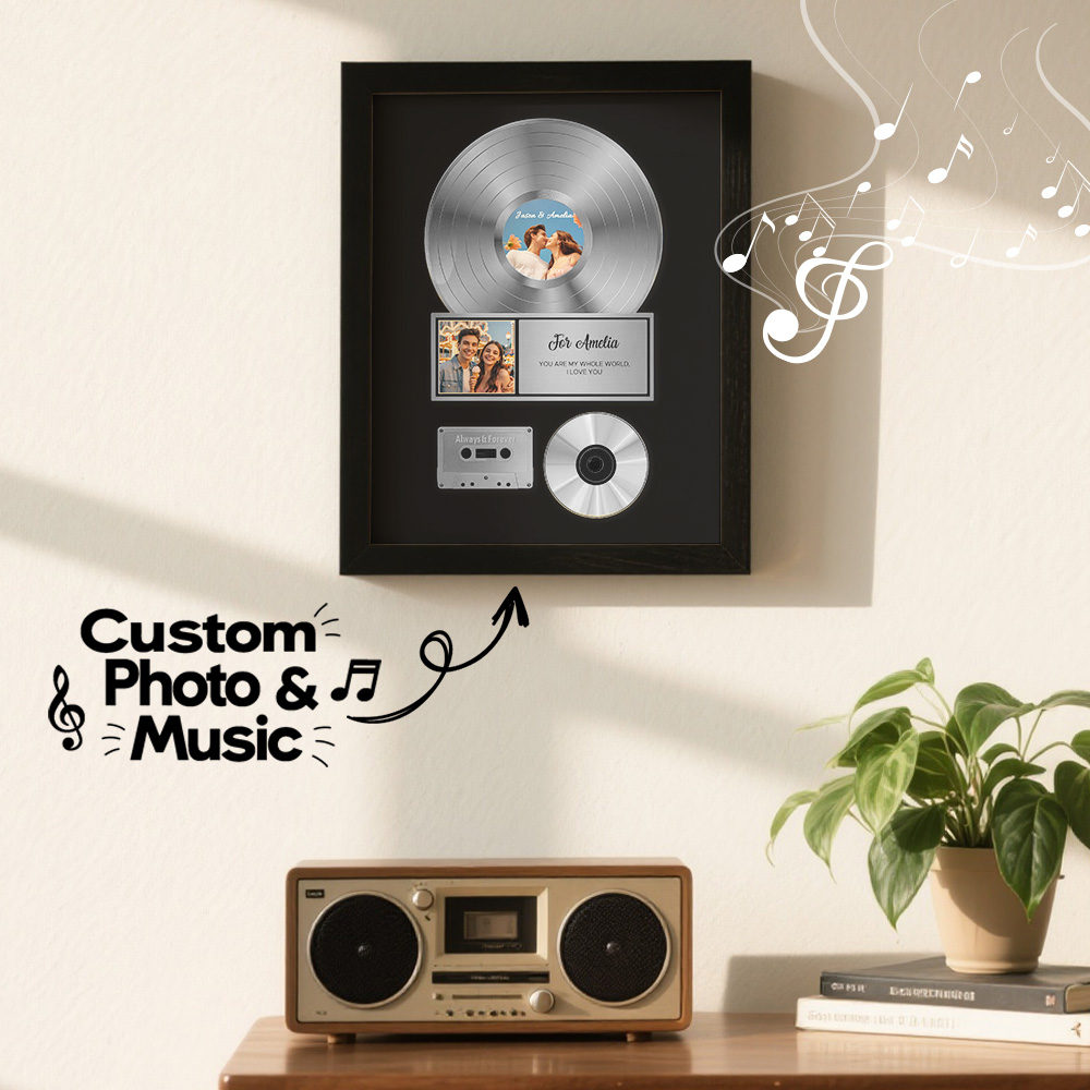 Personalized Golden Record Style Music Decor, Custom Music Photo Name, Custom Photo Music Plaque, Personalized Song Plaque, Click to Play No Phone Needed for Loved Ones - CustWitAU