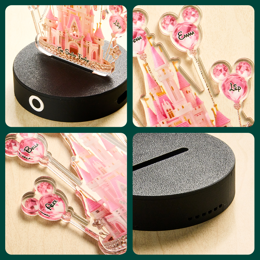 Custom Disney Castle Acrylic Ornament | Personalized Name LED Decor with Music Function (Multi-Size & Base Options)