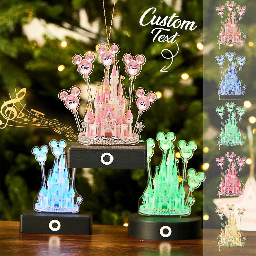 Custom Disney Castle Acrylic Ornament | Personalized Name LED Decor with Music Function (Multi-Size & Base Options)