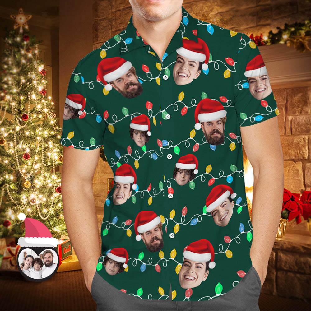 Custom Face Men's Hawaiian Shirt Personalized Photo Christmas Family Xmas Leds Aloha Shirts - CustWitAU