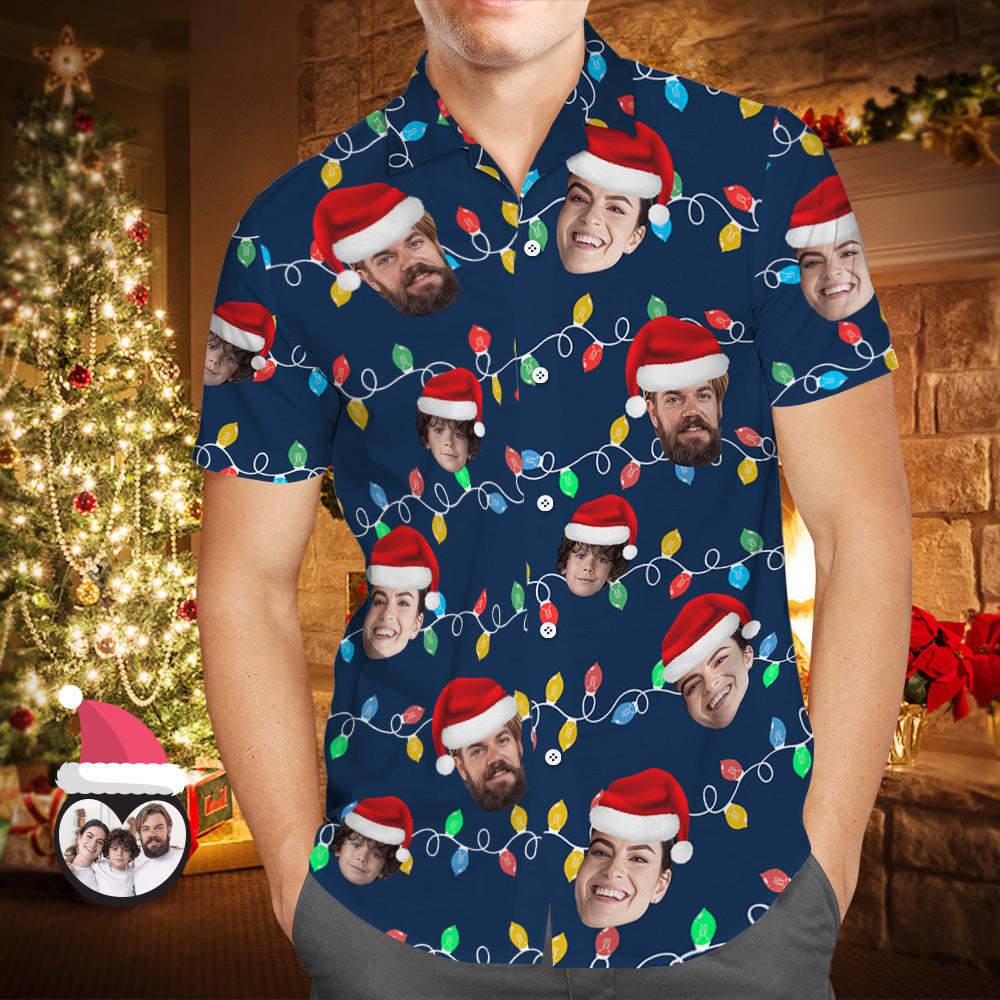 Custom Face Men's Hawaiian Shirt Personalized Photo Christmas Family Xmas Leds Aloha Shirts - CustWitAU