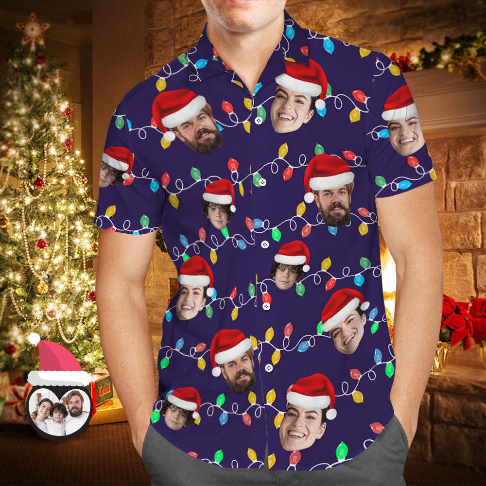 Custom Face Men's Hawaiian Shirt Personalized Photo Christmas Family Xmas Leds Aloha Shirts - CustWitAU