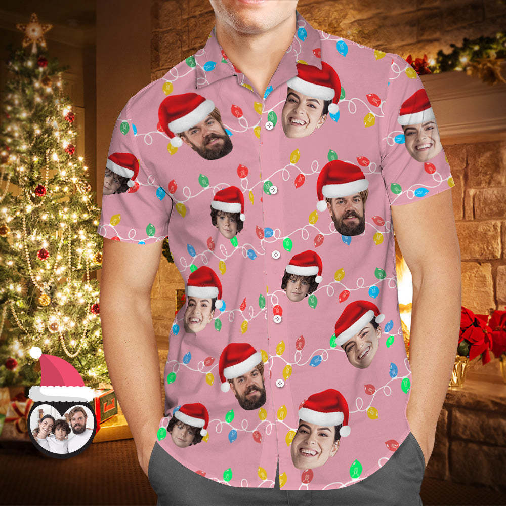 Custom Face Men's Hawaiian Shirt Personalized Photo Christmas Family Xmas Leds Aloha Shirts - CustWitAU