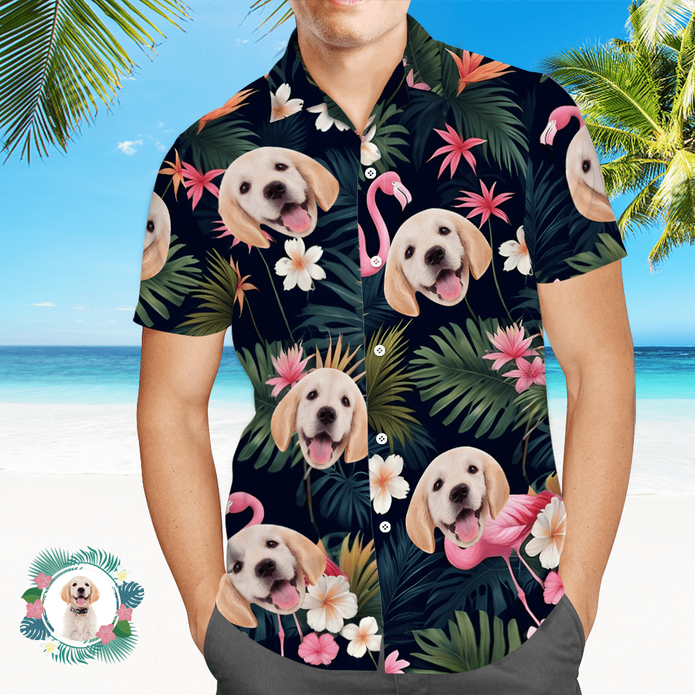 Custom Face All Over Print Men's Hawaiian Shirt Flamingo Flower and Leaves Gift for Him - CustWitAU