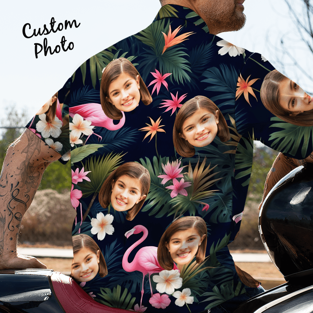 Custom Face All Over Print Men's Hawaiian Shirt Flamingo Flower and Leaves Gift for Him - CustWitAU