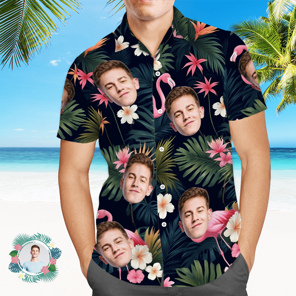 Custom Face All Over Print Men's Hawaiian Shirt Flamingo Flower and Leaves Gift for Him - CustWitAU