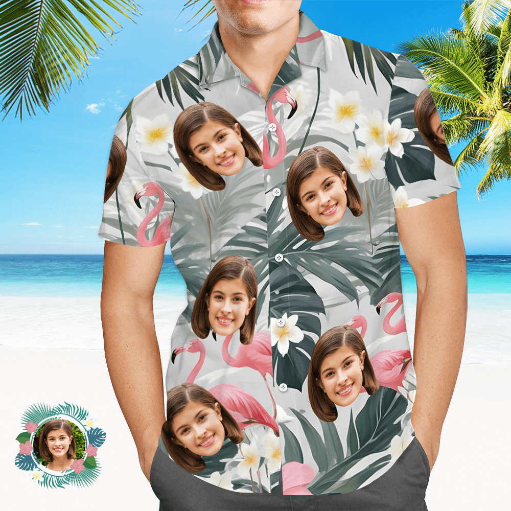 Custom Face All Over Print Men's Hawaiian Shirt Flamingo Pink Flowers and Leaves - CustWitAU