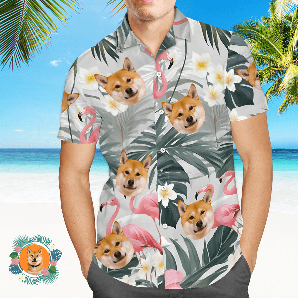Custom Face All Over Print Men's Hawaiian Shirt Flamingo Pink Flowers and Leaves - CustWitAU