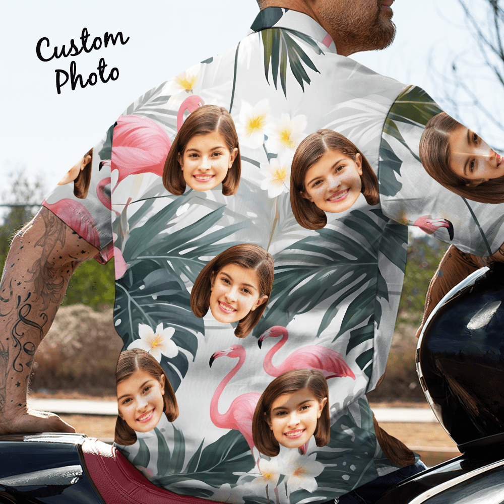 Custom Face All Over Print Men's Hawaiian Shirt Flamingo Pink Flowers and Leaves - CustWitAU