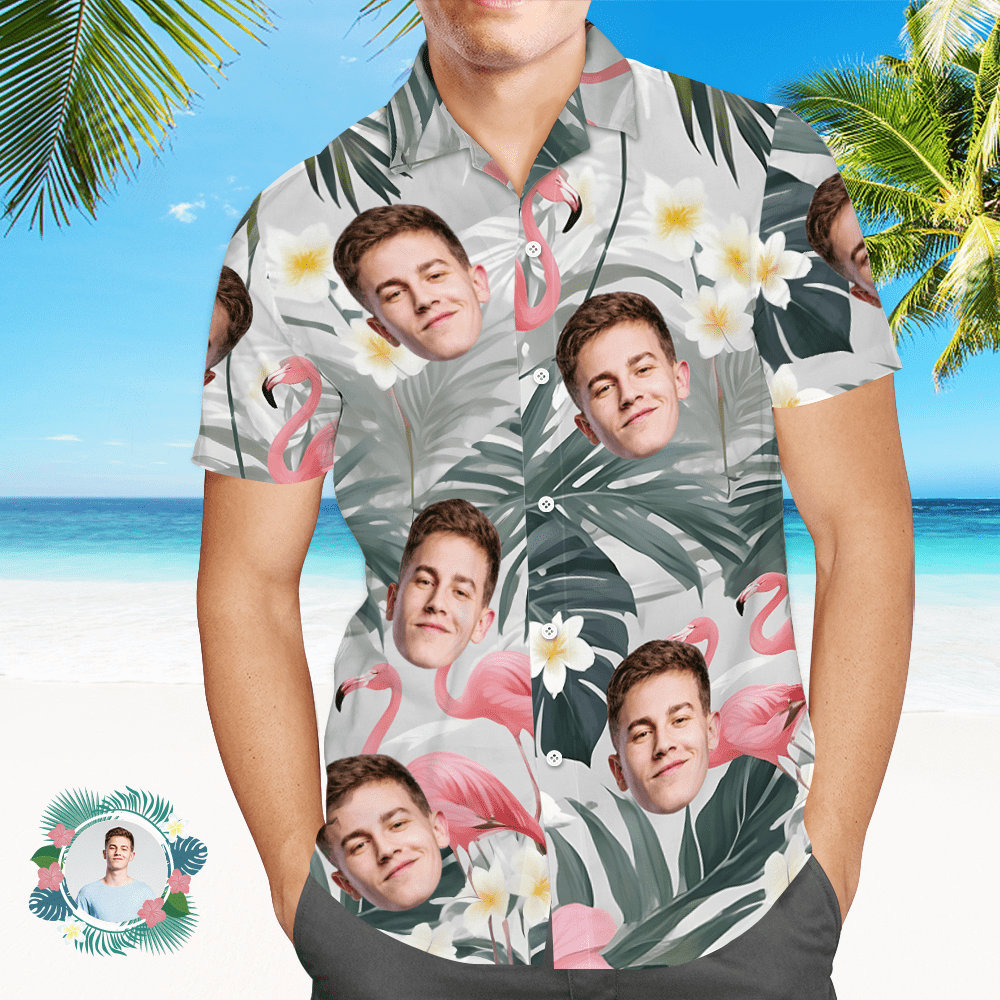 Custom Face All Over Print Men's Hawaiian Shirt Flamingo Pink Flowers and Leaves - CustWitAU