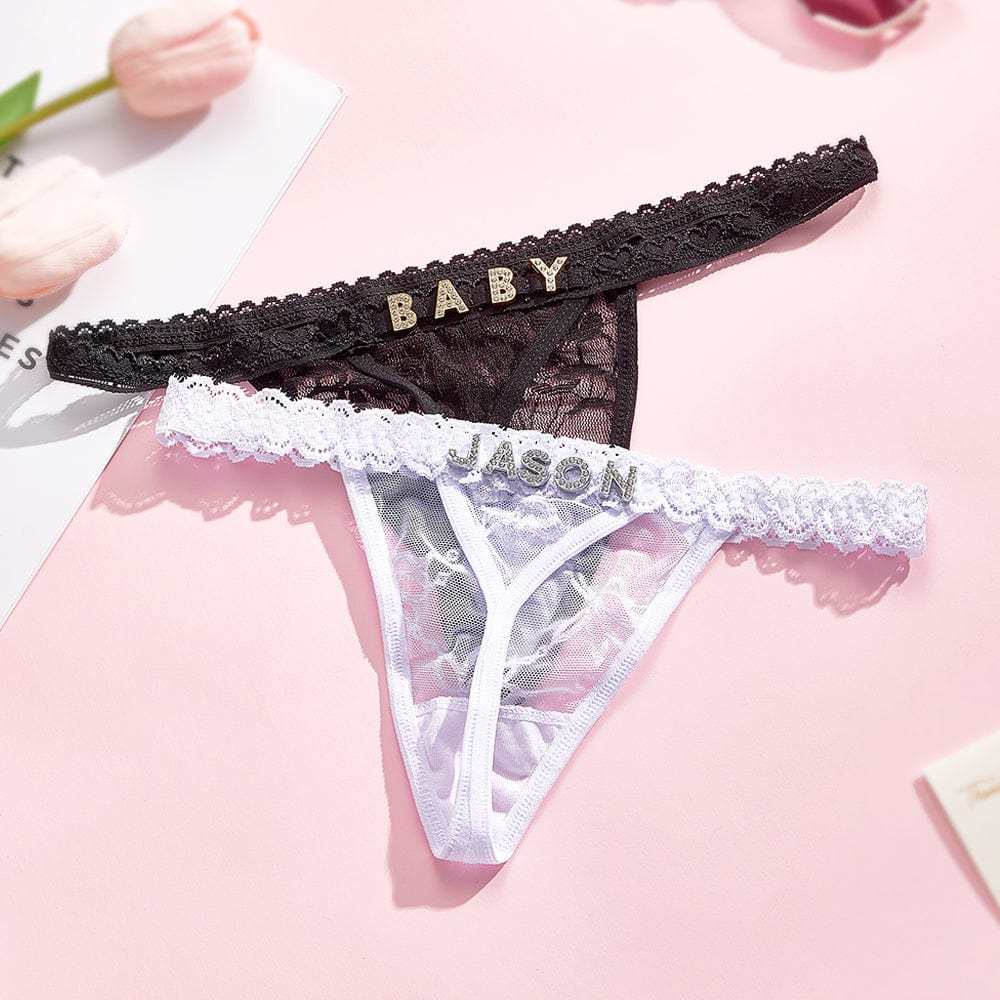 Custom Rhinestone Letter Thong Personalized Name Lace Panties - CustWitAU