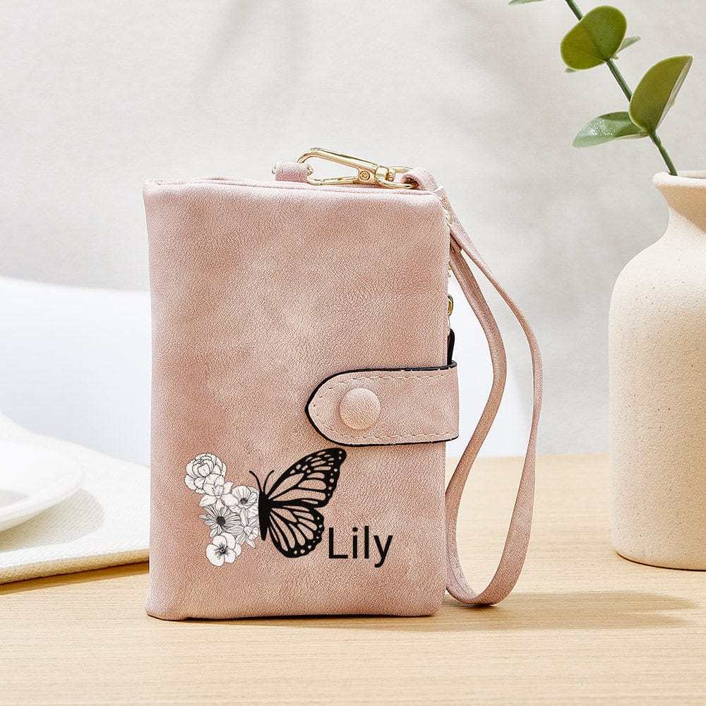 Custom Tri-Fold Butterfly Birth Flower Leather Wallet with Coin Holder Personalized Mother's Day Gift for Woman - CustWitAU