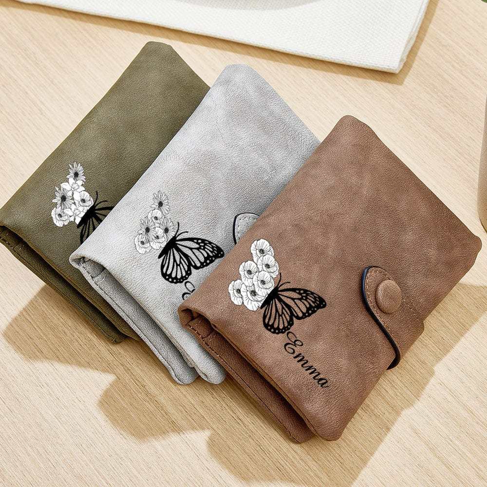 Custom Tri-Fold Butterfly Birth Flower Leather Wallet with Coin Holder Personalized Mother's Day Gift for Woman - CustWitAU