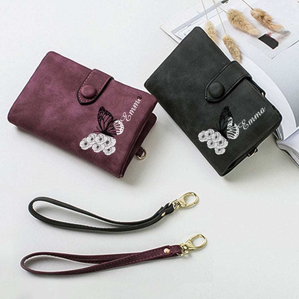 Custom Tri-Fold Butterfly Birth Flower Leather Wallet with Coin Holder Personalized Mother's Day Gift for Woman - CustWitAU