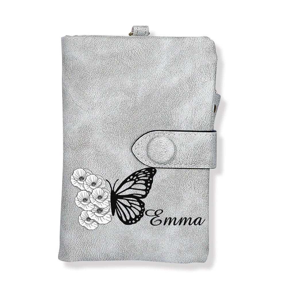Custom Tri-Fold Butterfly Birth Flower Leather Wallet with Coin Holder Personalized Mother's Day Gift for Woman - CustWitAU
