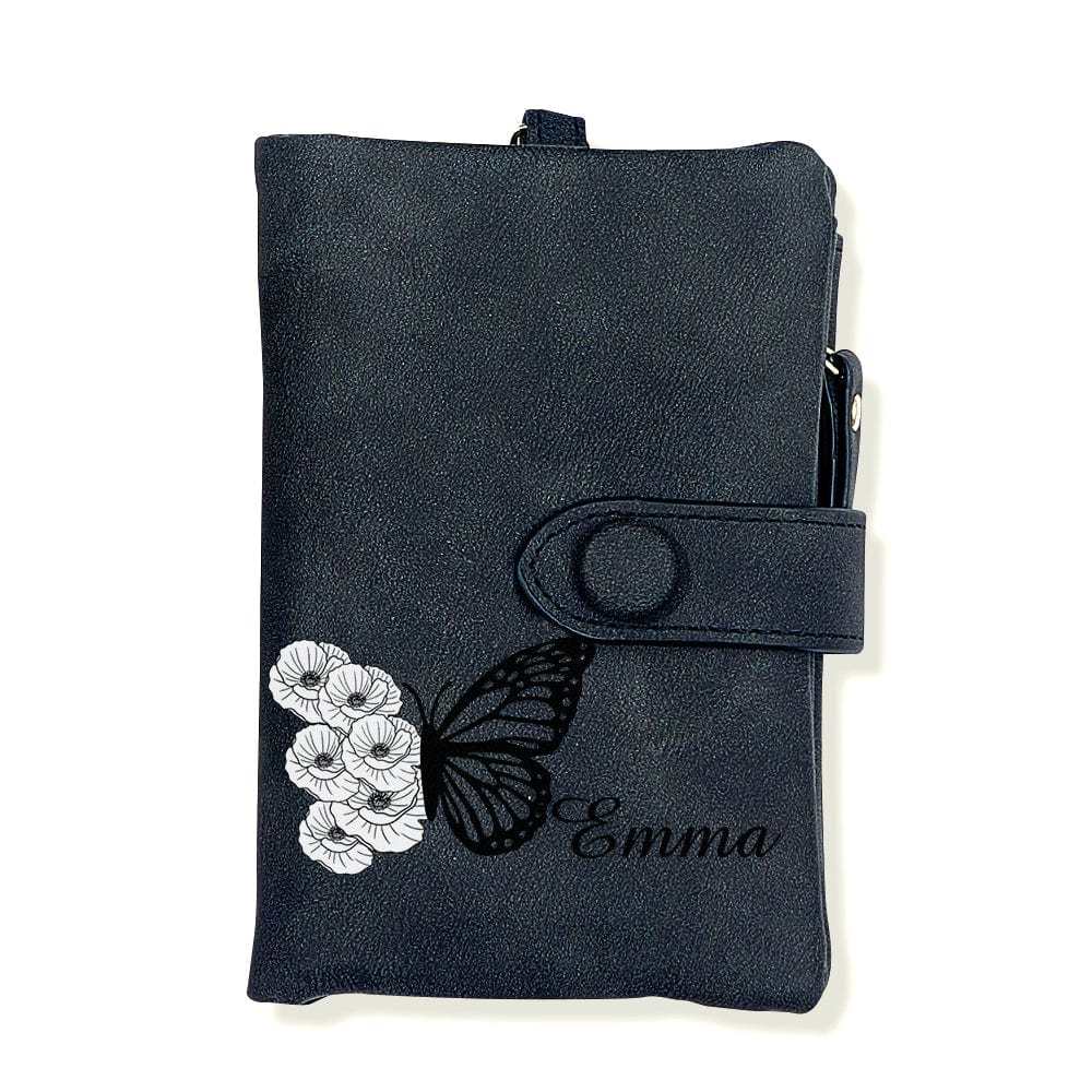 Custom Tri-Fold Butterfly Birth Flower Leather Wallet with Coin Holder Personalized Mother's Day Gift for Woman - CustWitAU