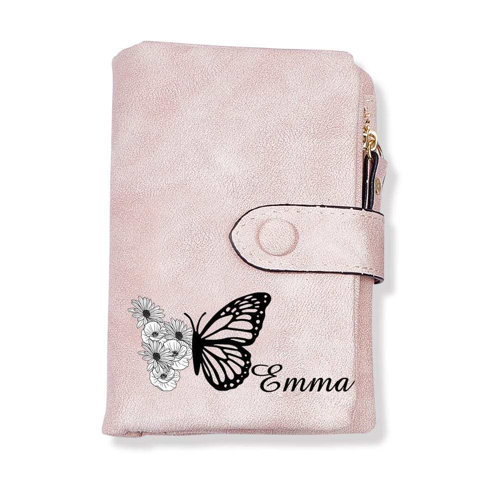 Custom Tri-Fold Butterfly Birth Flower Leather Wallet with Coin Holder Personalized Mother's Day Gift for Woman - CustWitAU
