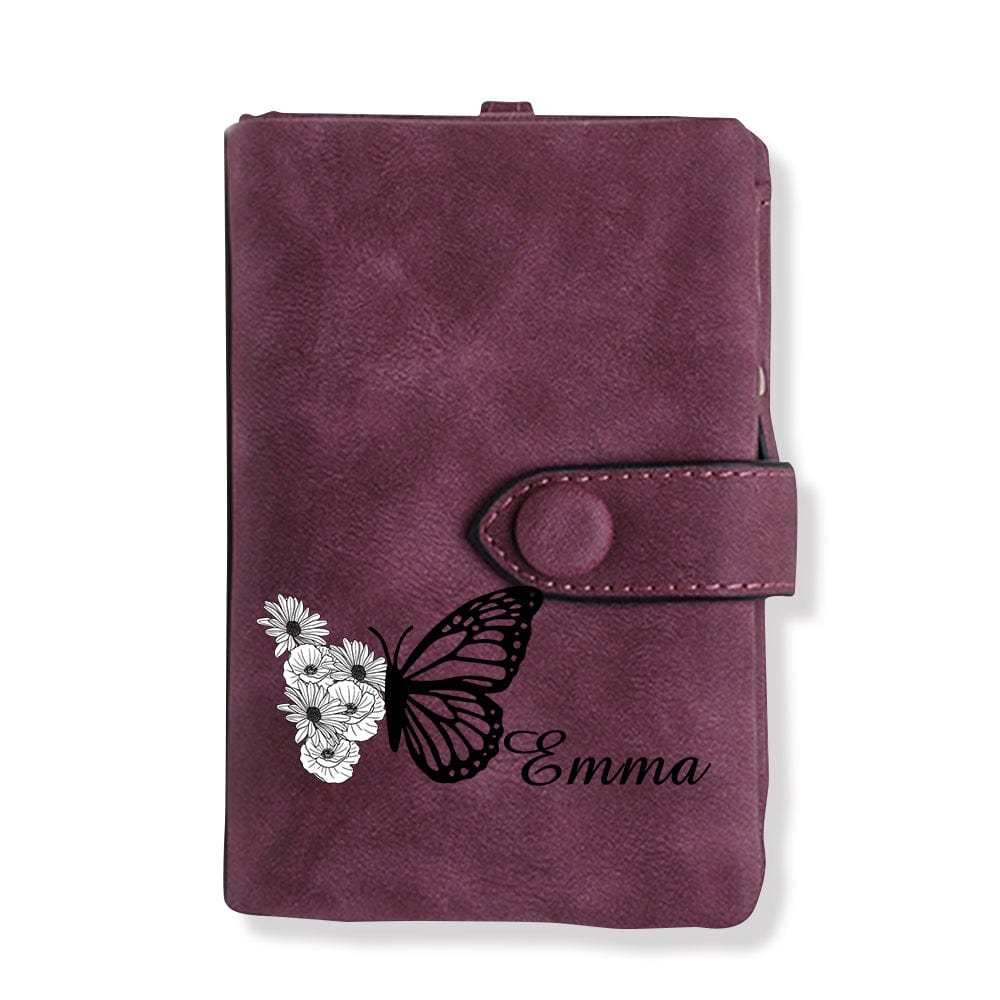 Custom Tri-Fold Butterfly Birth Flower Leather Wallet with Coin Holder Personalized Mother's Day Gift for Woman - CustWitAU