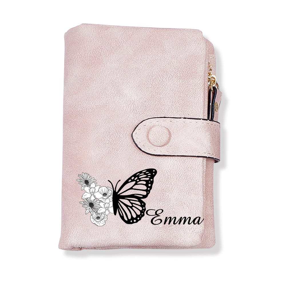 Custom Tri-Fold Butterfly Birth Flower Leather Wallet with Coin Holder Personalized Mother's Day Gift for Woman - CustWitAU