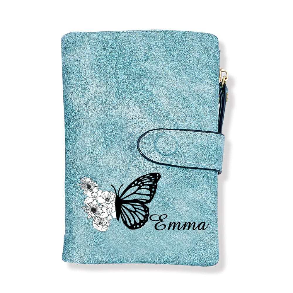 Custom Tri-Fold Butterfly Birth Flower Leather Wallet with Coin Holder Personalized Mother's Day Gift for Woman - CustWitAU