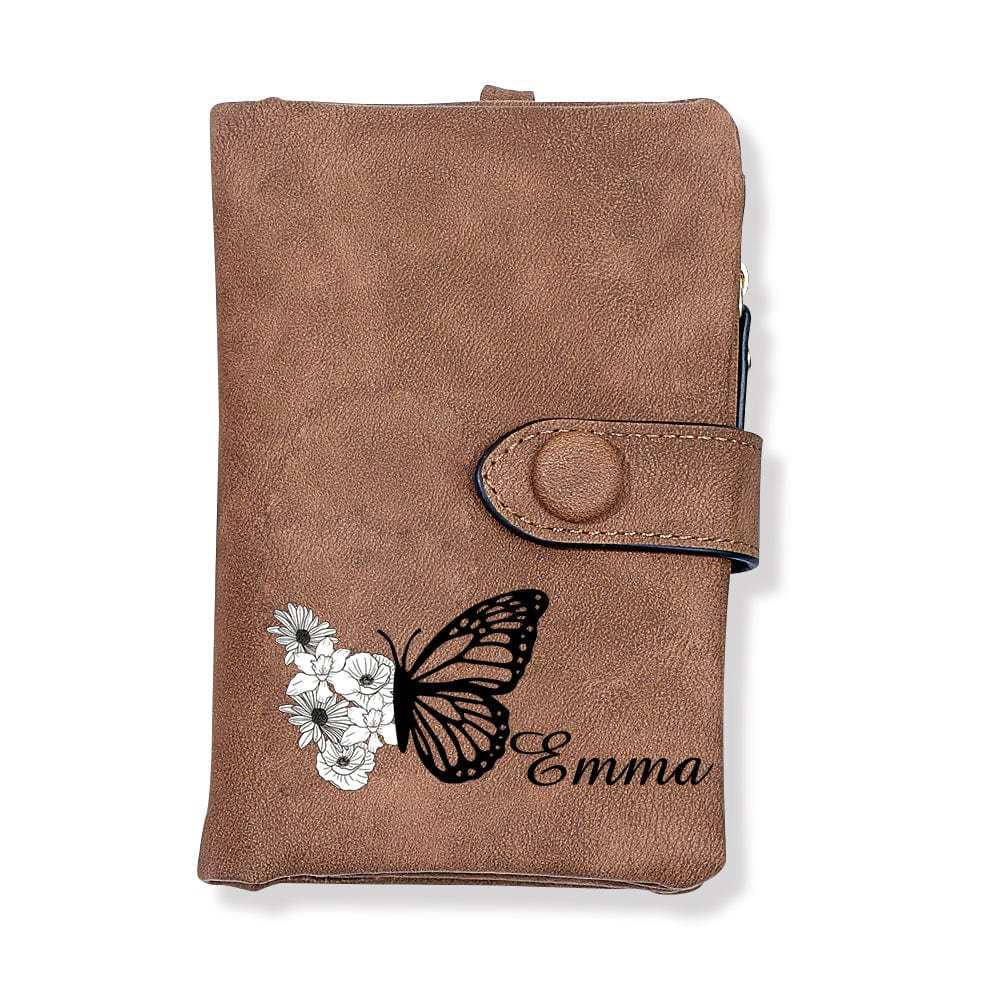 Custom Tri-Fold Butterfly Birth Flower Leather Wallet with Coin Holder Personalized Mother's Day Gift for Woman - CustWitAU