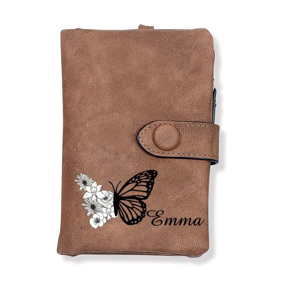 Custom Tri-Fold Butterfly Birth Flower Leather Wallet with Coin Holder Personalized Mother's Day Gift for Woman - CustWitAU