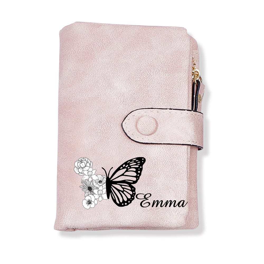 Custom Tri-Fold Butterfly Birth Flower Leather Wallet with Coin Holder Personalized Mother's Day Gift for Woman - CustWitAU