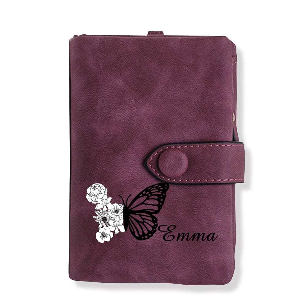 Custom Tri-Fold Butterfly Birth Flower Leather Wallet with Coin Holder Personalized Mother's Day Gift for Woman - CustWitAU