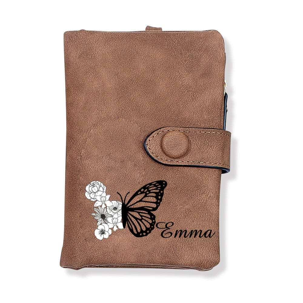 Custom Tri-Fold Butterfly Birth Flower Leather Wallet with Coin Holder Personalized Mother's Day Gift for Woman - CustWitAU