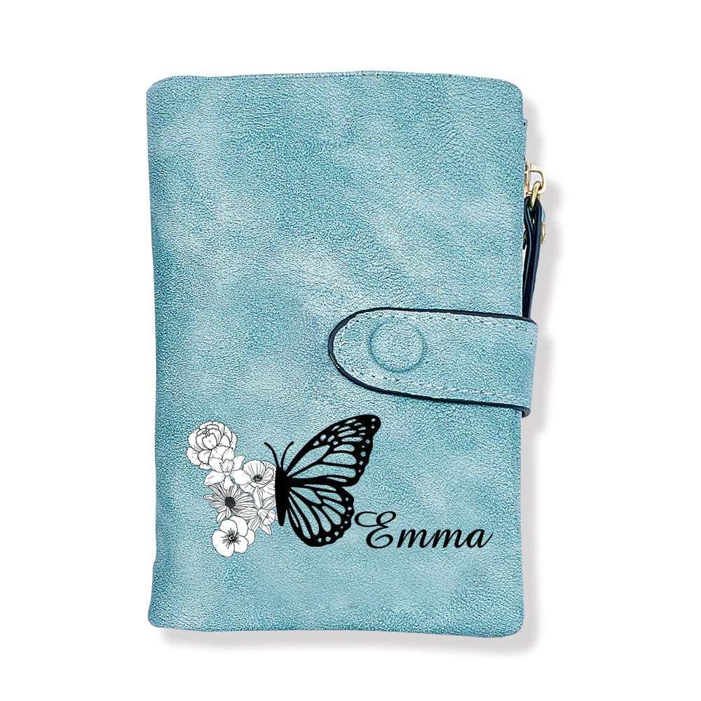 Custom Tri-Fold Butterfly Birth Flower Leather Wallet with Coin Holder Personalized Mother's Day Gift for Woman - CustWitAU