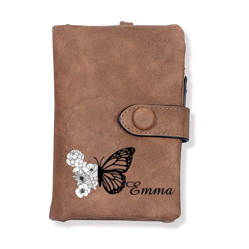 Custom Tri-Fold Butterfly Birth Flower Leather Wallet with Coin Holder Personalized Mother's Day Gift for Woman - CustWitAU