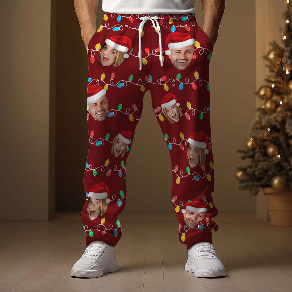 Custom Face Sweatpants Personalized Photo Christmas Family Xmas Leds Golf Pants for Him - CustWitAU
