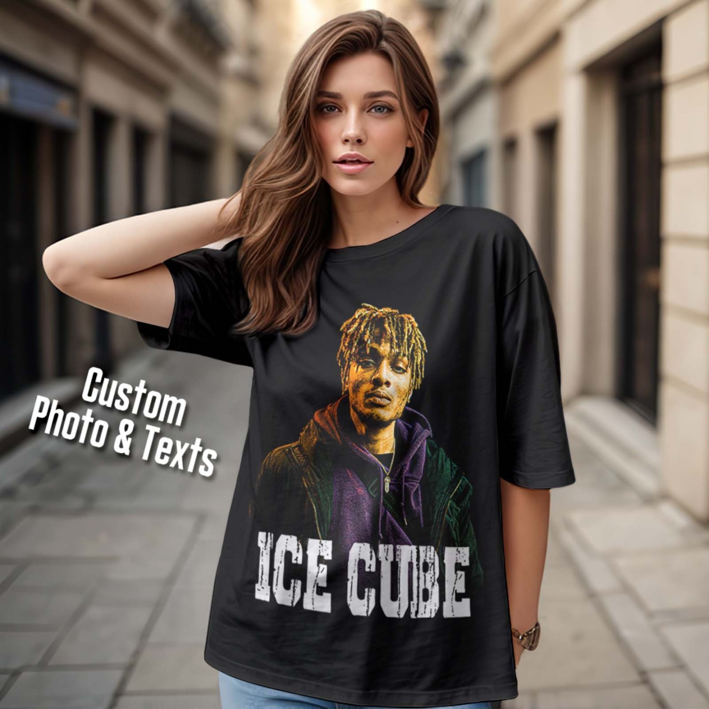 Custom Photo Vintage T-shirt Personalized Portrait Fashion Rap Tee with Name - CustWitAU