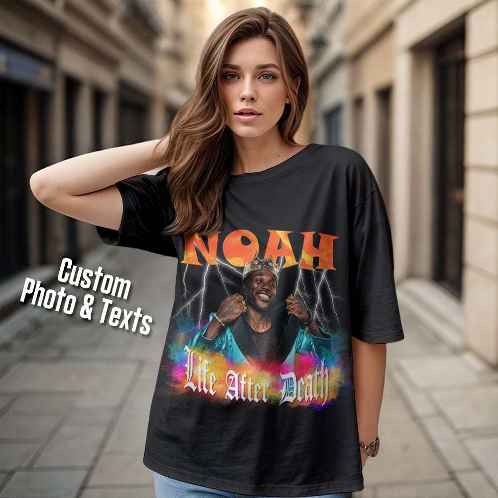 Custom Photo Vintage T-shirt Personalized American Retro Hip-hop Rap Tee with Name - CustWitAU