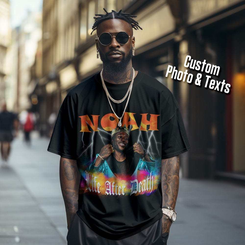 Custom Photo Vintage T-shirt Personalized American Retro Hip-hop Rap Tee with Name - CustWitAU