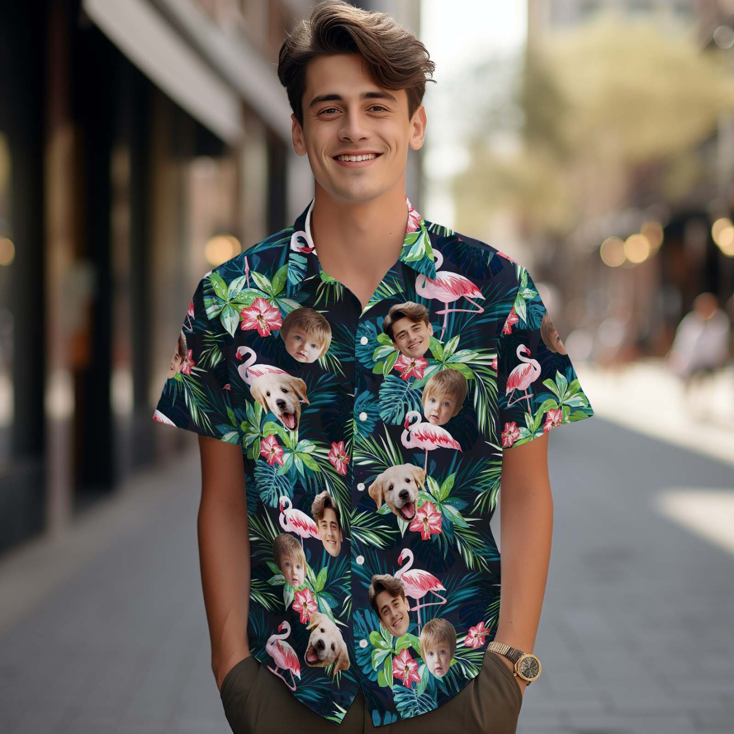 Custom Face Hawaiian Shirt Personalized Men's Photo Flamingo Flower Vacation Party Gifts - Up to 3 Faces - CustWitAU