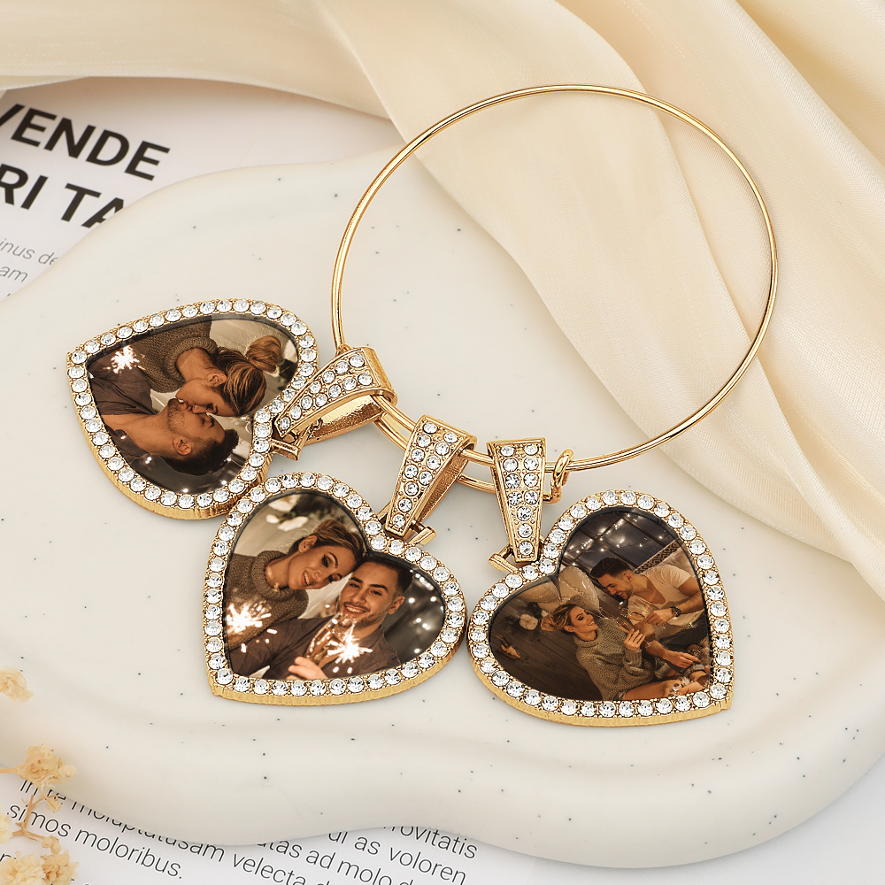Hearts Photo Bangle Bracelet 3 Charms Custom Bracelet Gift For Her - CustWitAU