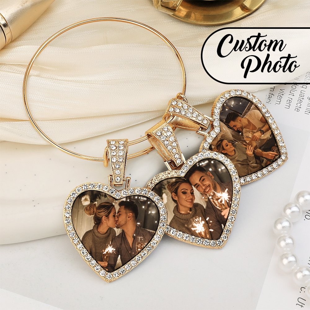 Hearts Photo Bangle Bracelet 3 Charms Custom Bracelet Gift For Her - CustWitAU
