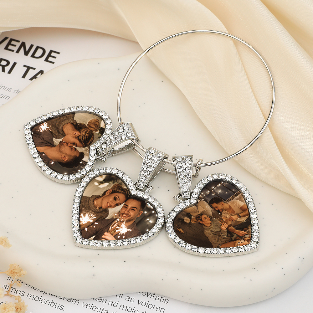 Hearts Photo Bangle Bracelet 3 Charms Custom Bracelet Gift For Her - CustWitAU