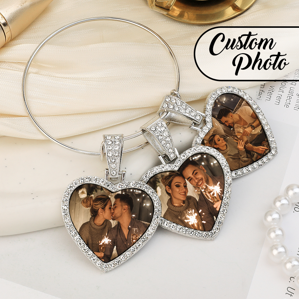 Hearts Photo Bangle Bracelet 3 Charms Custom Bracelet Gift For Her - CustWitAU