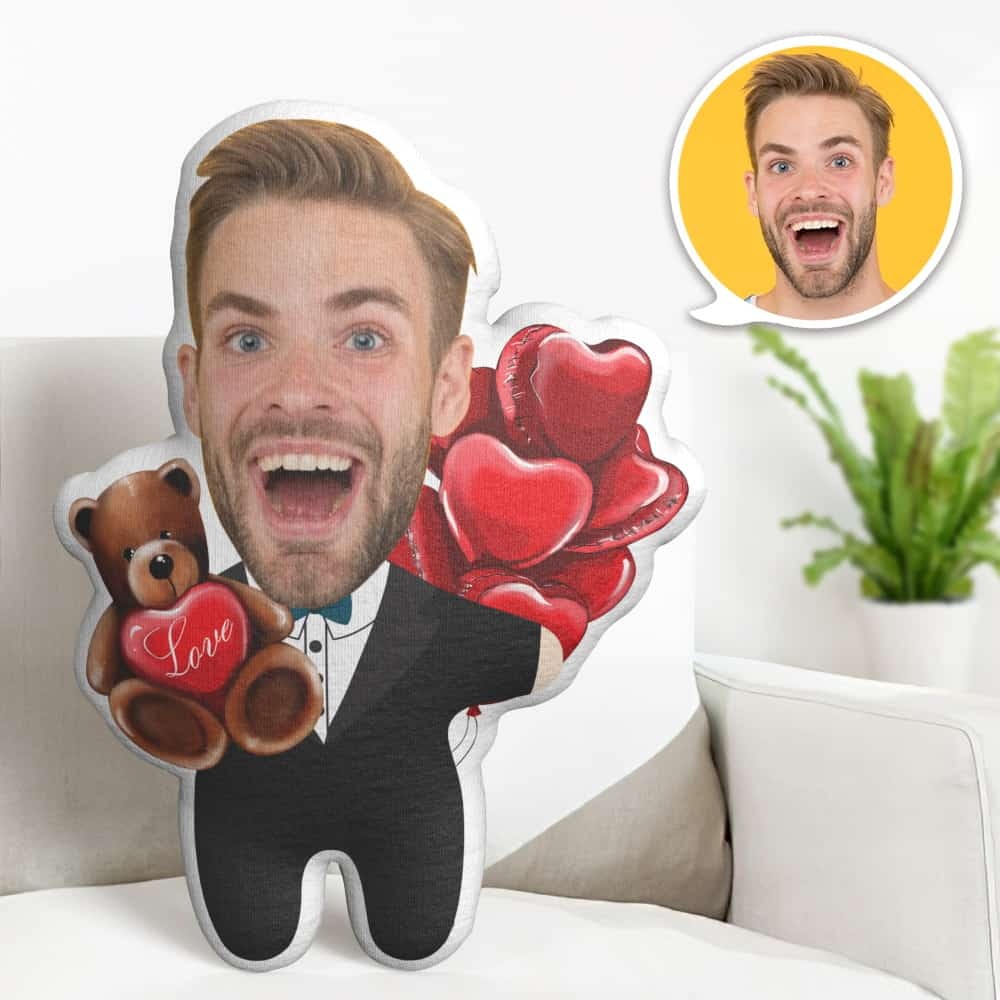 Custom Face Pillow, Cartoon Male in Suit Hold Bear Face Doll, the Best Gift for Lover Valentine's Day Gift - CustWitAU