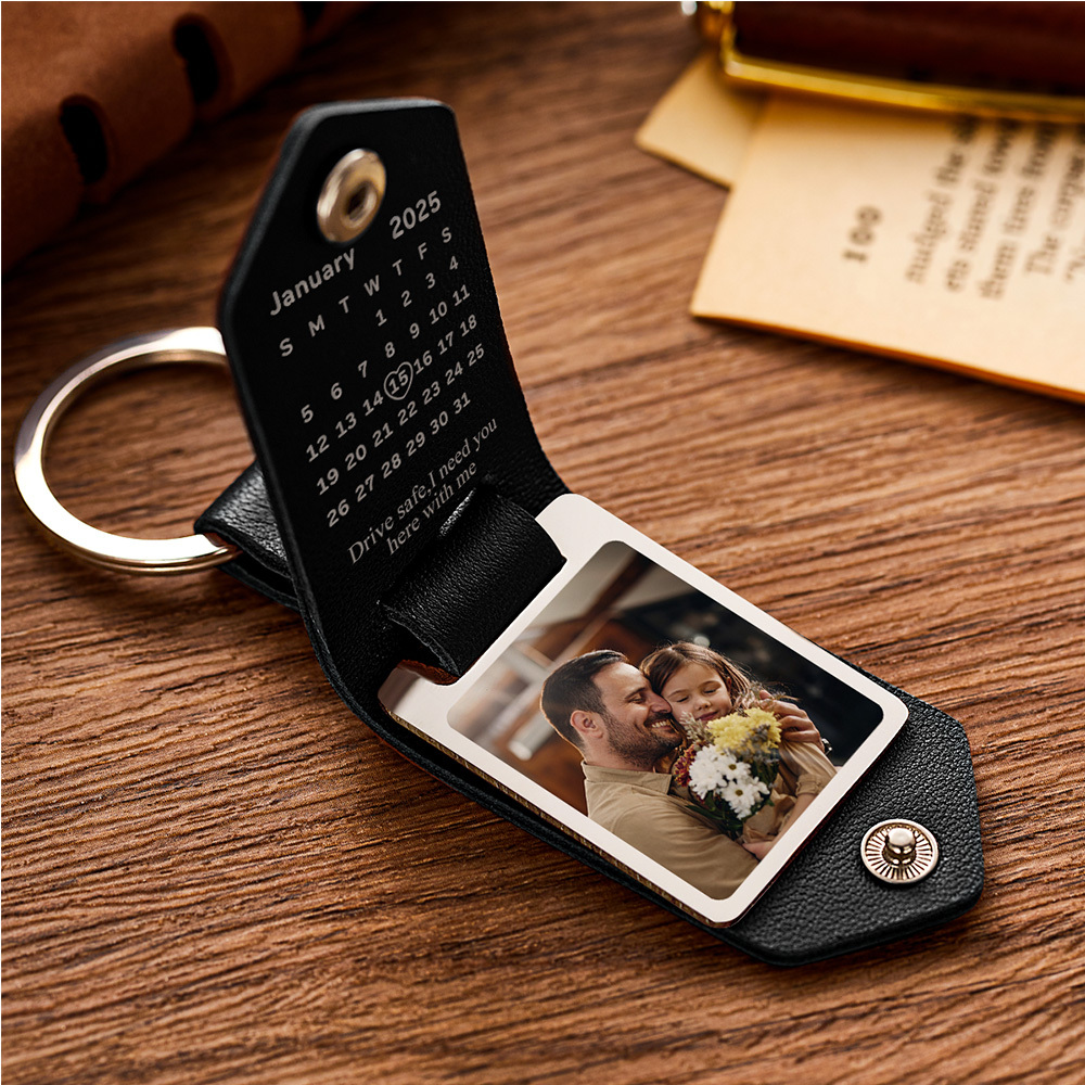 Custom Photo Leather Keychain With Text Father's Day Gift